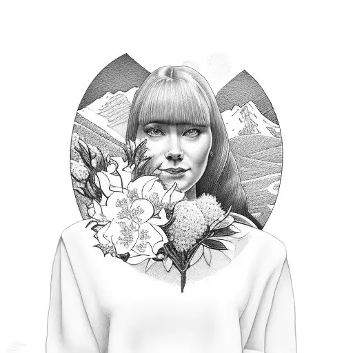 Portrait of a woman holding a bouquet of rhododendrons with a mountain landscape in the background tattoo design idea