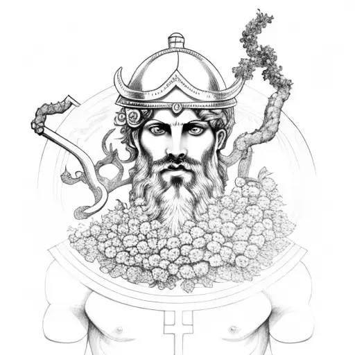 Greek God Dionysus with beard wearing armor with grape leaves holding a grapevine and a wine goblet tattoo design idea