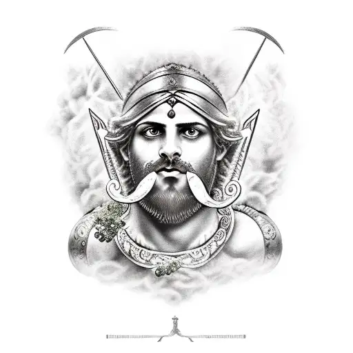 Greek God Dionysus with beard wearing armor with grape leaves holding a grapevine and a wine goblet tattoo design idea