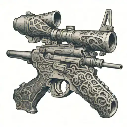 A detailed rifle design incorporating elements of the ocean and Afghanistan landscapes tattoo design idea