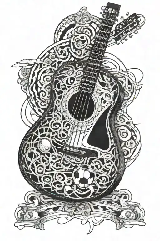 A detailed blackwork tattoo of a guitar with football laces woven into the design tattoo design idea