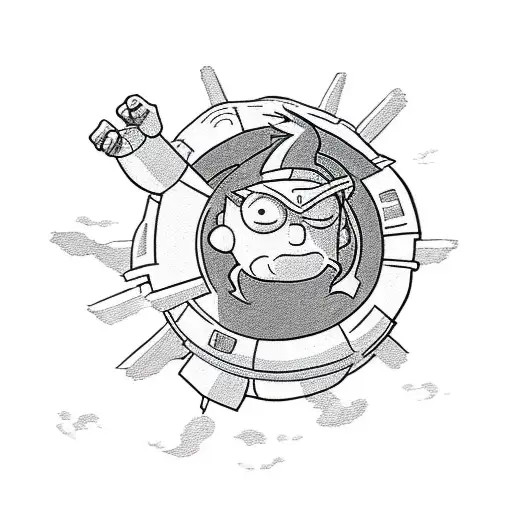 A gopher wearing a superhero cape, flying through the sky with Goku, Gohan, John Wick, and Rick and Morty as passengers tattoo design idea
