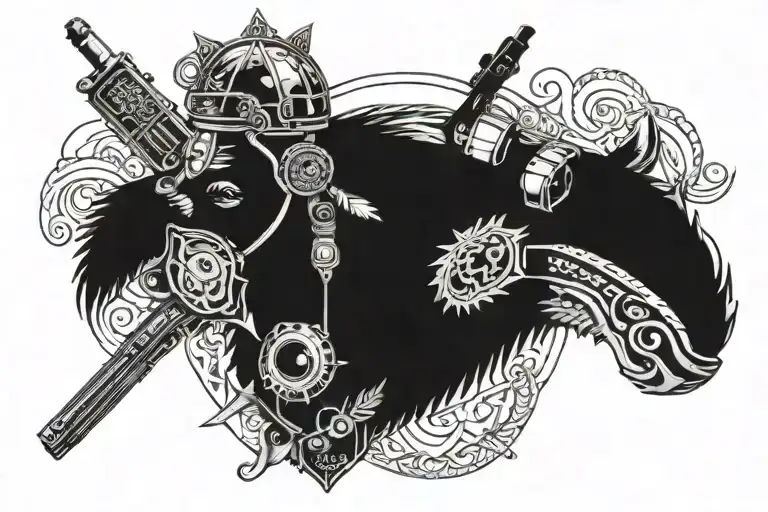 An intricately designed boar head with a military helmet on top, surrounded by various types of firearms tattoo design idea