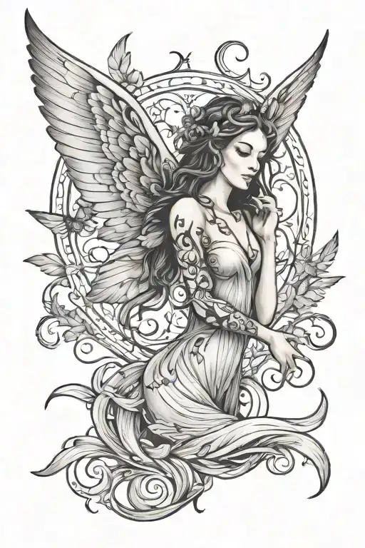 a Virgo tattoo that has a fairy with wings and is earthy  tattoo design idea
