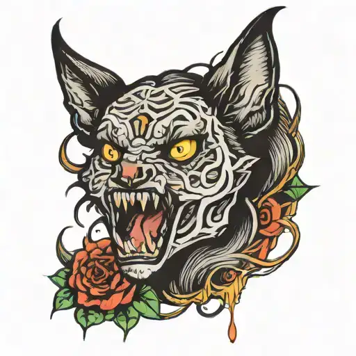 a human women's face with eight eyes like a spider and an open mouth showing fangs like a wolf tattoo design idea