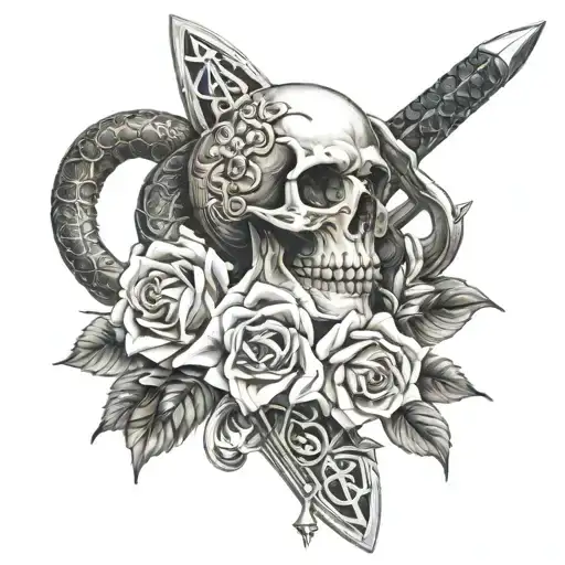 sword and snake and skull and flowers   tattoo design idea