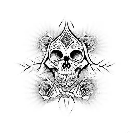tribal design that looks dark and evil and has roses shaded around it tattoo design idea