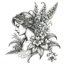 Virgo constelleatio with forget me not flowers on one side and wheat on the other tattoo design idea