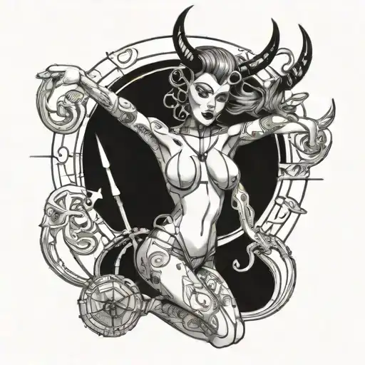 black and white technical drawing showcasing an A sexy devil in a string bikini, annotation details, masterpiece black a tattoo design idea