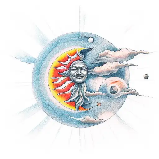 Icarus and sun beside astronaut and moon tattoo design idea