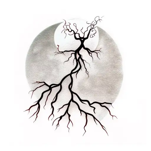 wine grape vine with roots growing around a full moon tattoo design idea