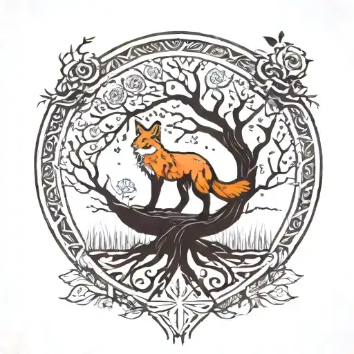 the tree of life from Norse mythology with a fox at the base of the tree and on the other side of the trunk the miolnr of Thor tattoo design idea