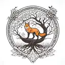 the tree of life from Norse mythology with a fox at the base of the tree and on the other side of the trunk the miolnr of Thor tattoo design idea