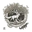 the tree of life from Norse mythology with a fox at the base of the tree and on the other side of the trunk the miolnr of Thor tattoo design idea