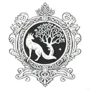 the tree of life from Norse mythology with a fox at the base of the tree and on the other side of the trunk the miolnr of Thor tattoo design idea