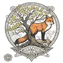the tree of life from Norse mythology with a fox at the base of the tree and on the other side of the trunk the miolnr of Thor tattoo design idea