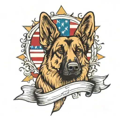 German shepherd in front of flag inside tattoo design idea