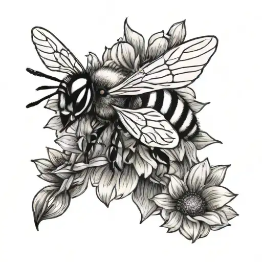cute honey bee flying towards 3 daises tattoo design idea