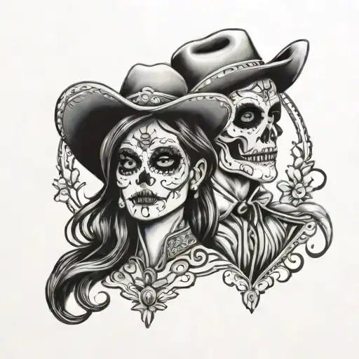 day of the dead cowboy and cowgirl tattoo design idea