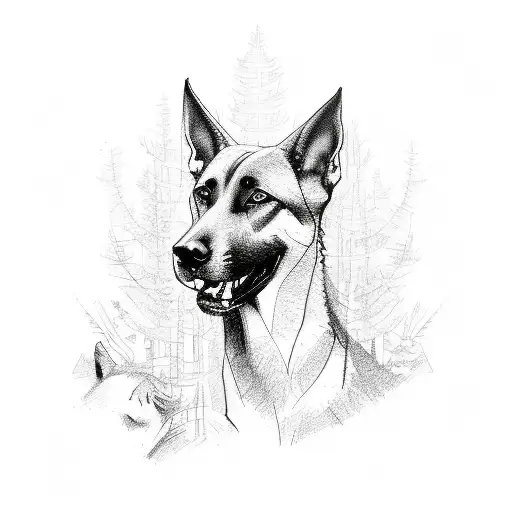 A sketch-style tattoo of a Belgian Malinois leading a group of soldiers in a dense forest tattoo design idea