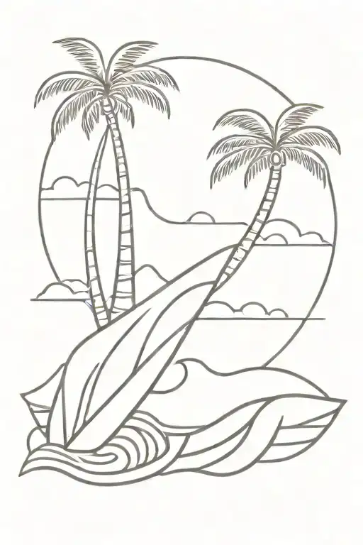 surf board, waves, sun, palm trees tattoo design idea