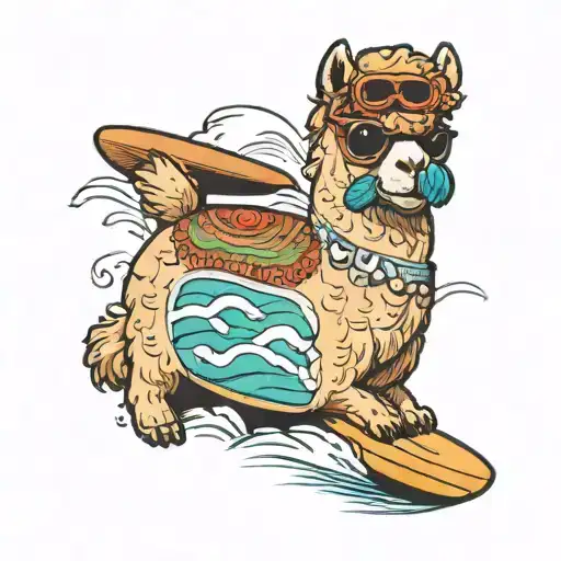 Imagine a whimsical scene where an adorable alpaca is surfing at Copacabana beach. The alpaca is wearing sunglasses and  tattoo design idea