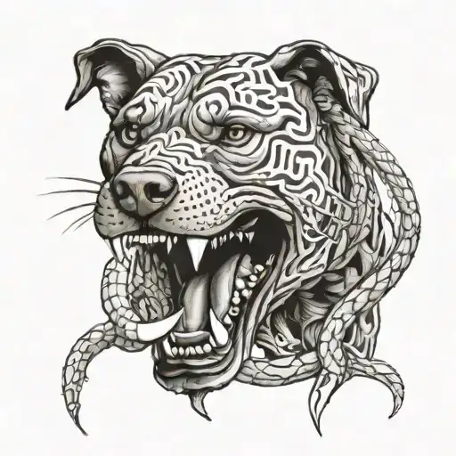 pitbull biting snake head off on fire  tattoo design idea