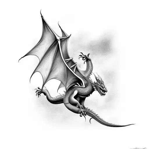 dragon flying with big long tail view from above tattoo design idea