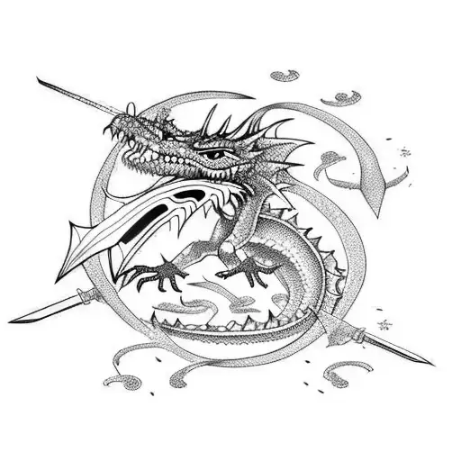 long spotted dragon swapped around sword tattoo design idea