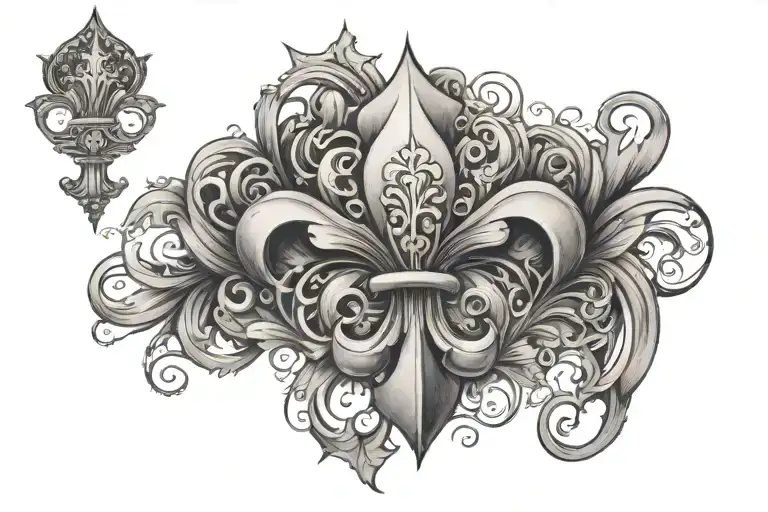 a fleur-de-lis in the center surrounded by elements of port Arthur texas and San Diego California  tattoo design idea