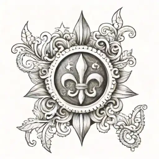 a fluer de lis surround by elements of San Diego and port Arthur texas tattoo design idea