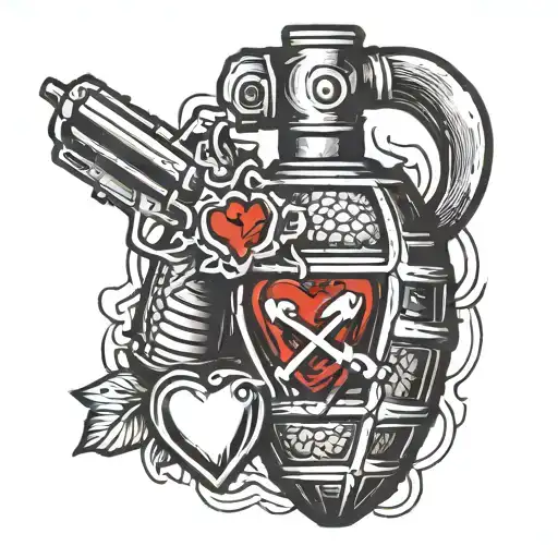hand grenade and broken heart for love tattoo design idea