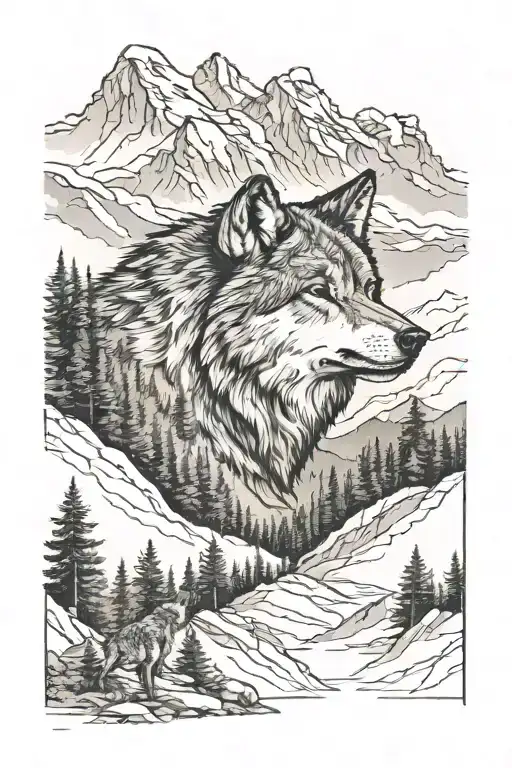 tree line mountain range with wolf head tattoo design idea