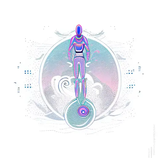 An alien surfing on a beach wave with a music note in the background tattoo design idea