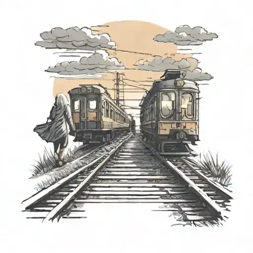 A train track disappearing into the sunset with a couple of elderly people walking hand in hand, one carrying a young girl and the other with a girl on his shoulders tattoo design idea