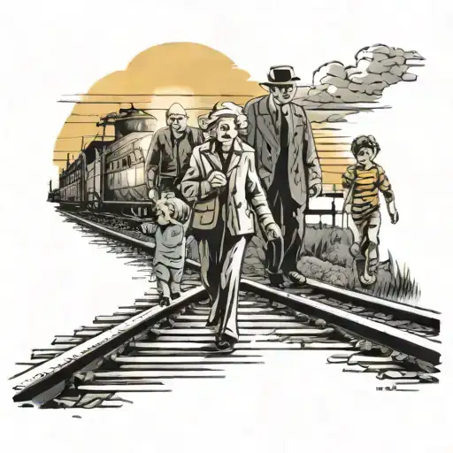 A scene of elderly people and children walking on a train track at sunset, with the sun casting a warm glow tattoo design idea