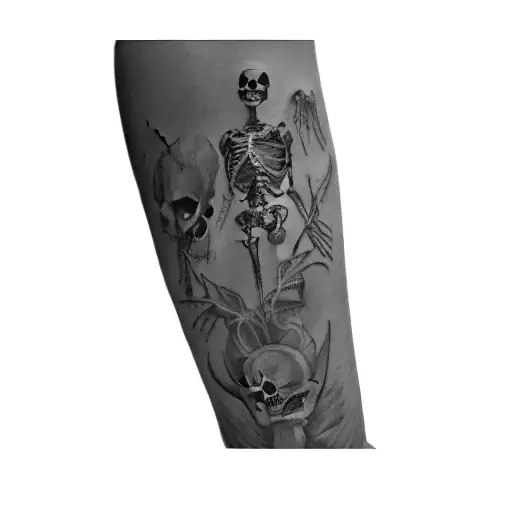 skeletons and skeletons. devil like wings. the tatto style is grunge tattoo design idea