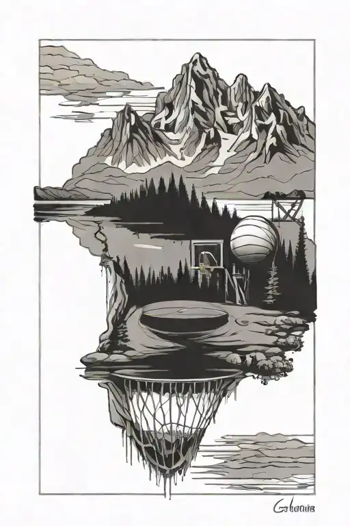 basketball court in the mountains with a lake reflecting tattoo design idea