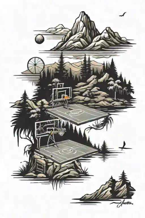 basketball court in the mountains with a lake scene tattoo design idea