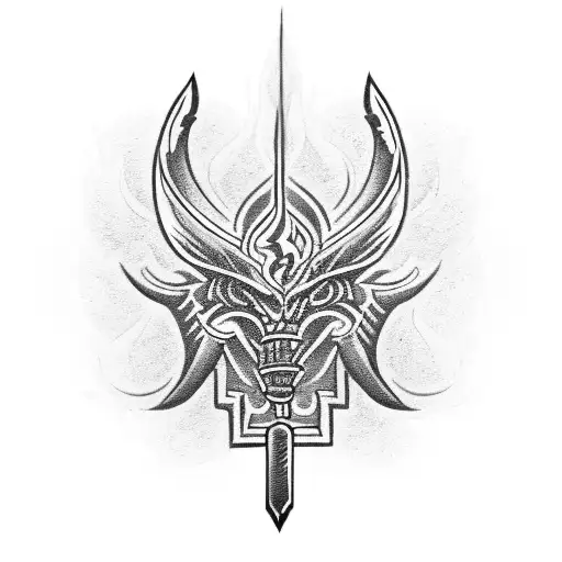 An intricate tribal-inspired design of a blacksmith's hammer and anvil surrounded by flames tattoo design idea