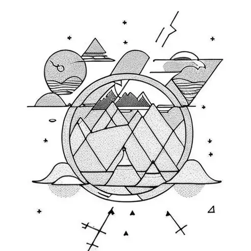 Sun, Moon, Mountain, Sea, Birds And Boat tattoo design idea