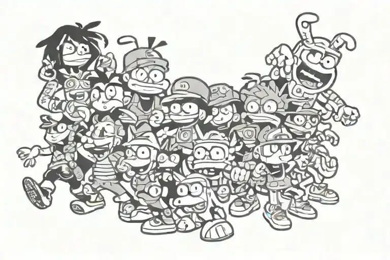 tattoo stencil of 90s and early 2000's cartoon network and nickelodeon characters interactively together tattoo design idea