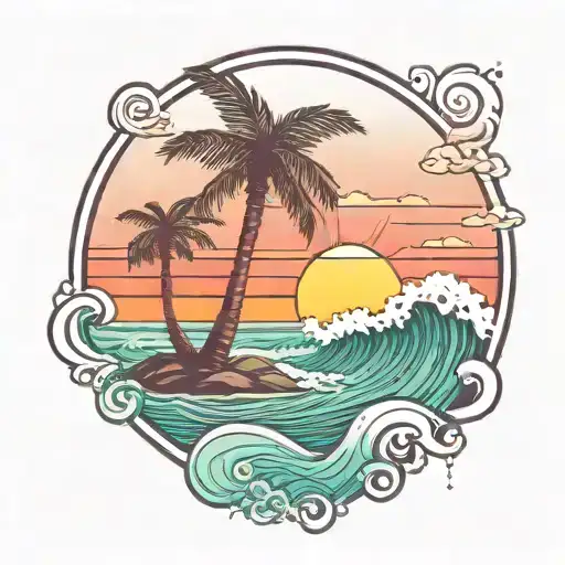A serene beach scene with palm trees, waves, and a sunset, capturing the essence of relaxation and the client's love for nature tattoo design idea