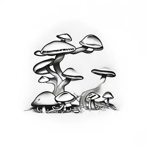 A realistic depiction of a thinker surrounded by mushrooms and rocks tattoo design idea