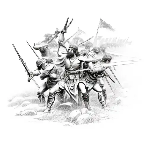 A battlefield scene with soldiers fighting alongside angels, depicting the spiritual strength and protection mentioned in the Bible. tattoo design idea