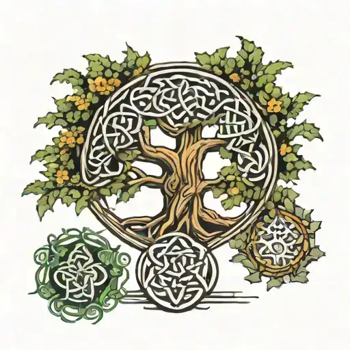 celtic triquetra at center of Yggdrasil tree tattoo design idea