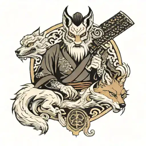 geshai samuri holding sword across face with nine tailed fox behind and fudog in the front tattoo design idea