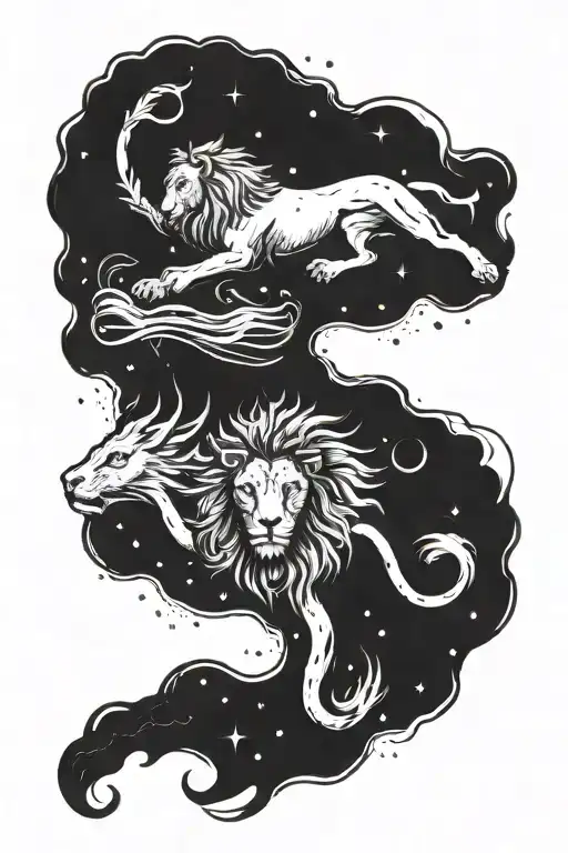 constellation Virgo in the starry sky with a lion's head and a scorpion in the water underneath tattoo design idea