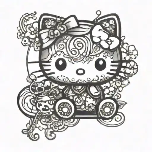 A playful hello kitty silhouette filled with delicate black-grey shading and a pop of auburn accents tattoo design idea