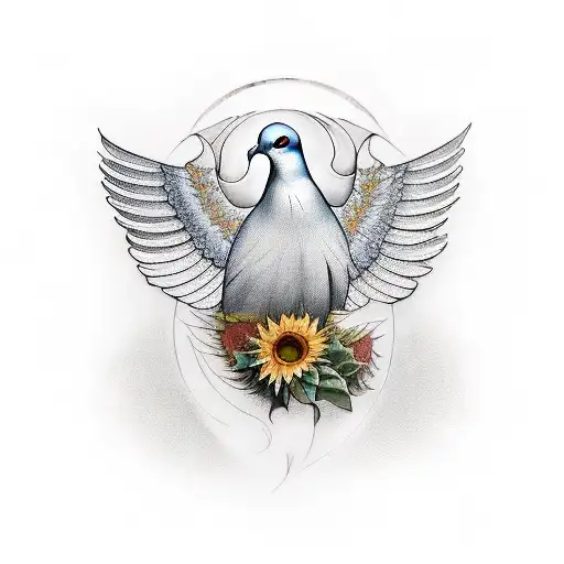 A dove with its wings spread open, sunflowers and the name Mindie, Always with us. tattoo design idea